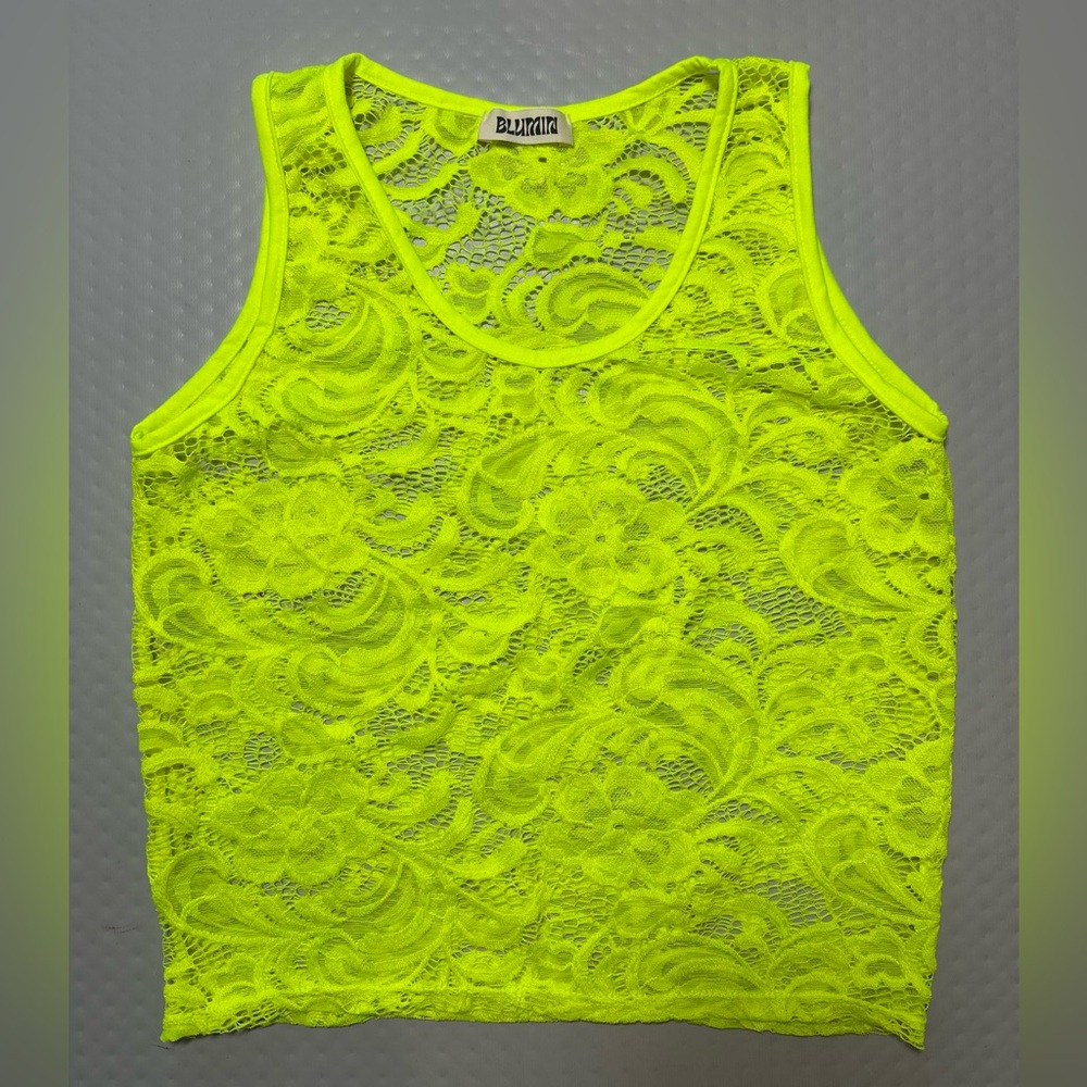 BLUMIN neon yellow green lace sheer sleeveless tank top fits like‎ Child large